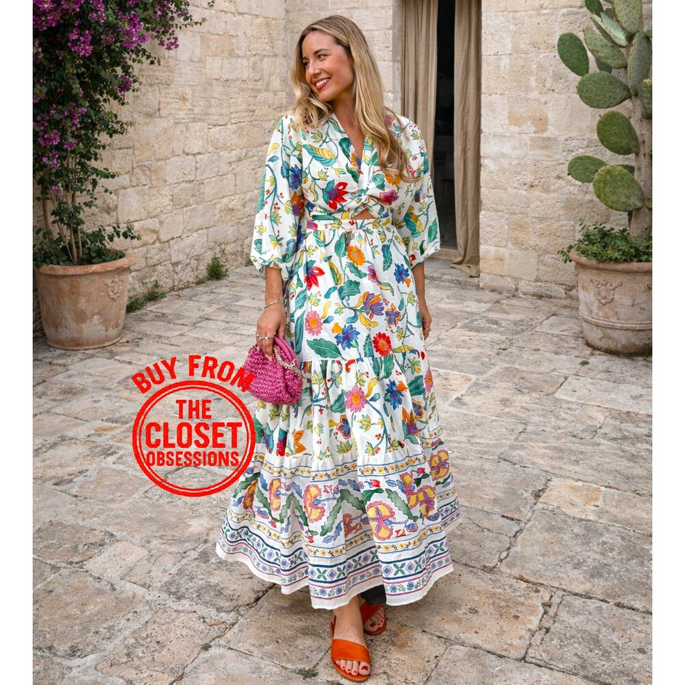 Zara Floral Linen Blend Boho Maxi Dress Cut Out Resort Vacation Size S NWT - Picture 3 of 16